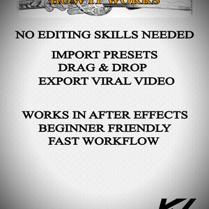 May include: A graphic with the text "HOW IT WORKS" above a list of features: "NO EDITING SKILLS NEEDED", "IMPORT PRESETS", "DRAG & DROP", "EXPORT VIRAL VIDEO", "WORKS IN AFTER EFFECTS", "BEGINNER FRIENDLY", and "FAST WORKFLOW". The KLESVISUALS logo is at the bottom.