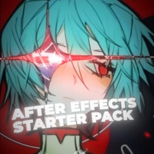 May include: A digital illustration featuring a character with short light blue hair and a glowing red eye effect. The text AFTER EFFECTS STARTER PACK is displayed in white bold letters. A small KLES logo is visible at the bottom center.