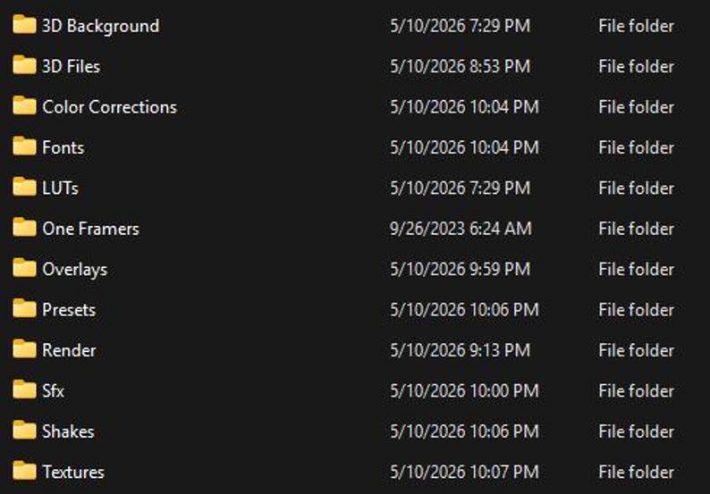 May include: A dark background displays a list of file folders, including "3D Background," "3D Files," and "Color Corrections." Each folder has a corresponding date and time, such as "5/10/2026 7:29 PM," and is labeled as a "File folder."