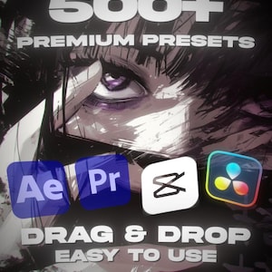 Könnte beinhalten: Eine digitale Grafik mit dem Text 500+ PREMIUM PRESETS, DRAG & DROP, EASY TO USE und KLES. Der Hintergrund zeigt ein stilisiertes Auge im Anime-Stil sowie Symbole für die Software Adobe After Effects, Premiere Pro, CapCut und DaVinci Resolve.