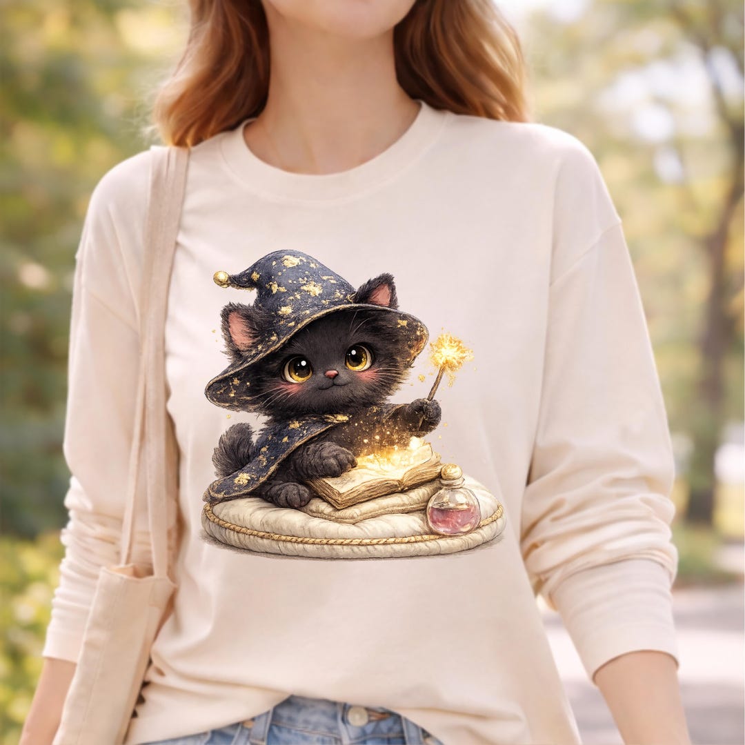 Wizard Black Cat Clipart, Magic Kitten, Spell Book, Wand (digital ...