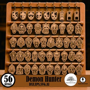 56 demonjägare Chibi-karaktärer i trä med nyckelringar | Laserskurna träberlocker | Anime-inspirerad present