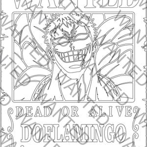 May include: Black and white "Wanted" poster with a detailed illustration of a character with a wide grin. The poster includes the text "DEAD OR ALIVE" and "DOFLAMINGO" with a bounty of £340,000,000.