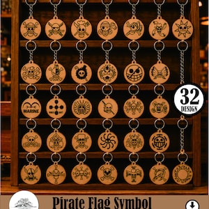 May include: A display of 32 wooden keychains, each featuring a unique black pirate flag symbol. The keychains are arranged on a wooden shelf. The text "Pirate Flag Symbol" is displayed below the keychains.