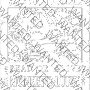 May include: Black and white "Wanted" poster featuring a cartoon character with a straw hat. The poster includes the text "WANTED", "DEAD OR ALIVE", "MONKEY D. LUFFY", and a bounty of $300,000,000. The word "MARINE" is also visible.