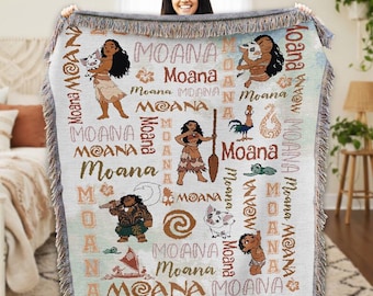 Personalized Watercolor Disneyland Moana Woven Blanket, Baby Girl Princess Moana Birthday Gift, Disneyland Maui Hei Hei Tamatoa Family Decor