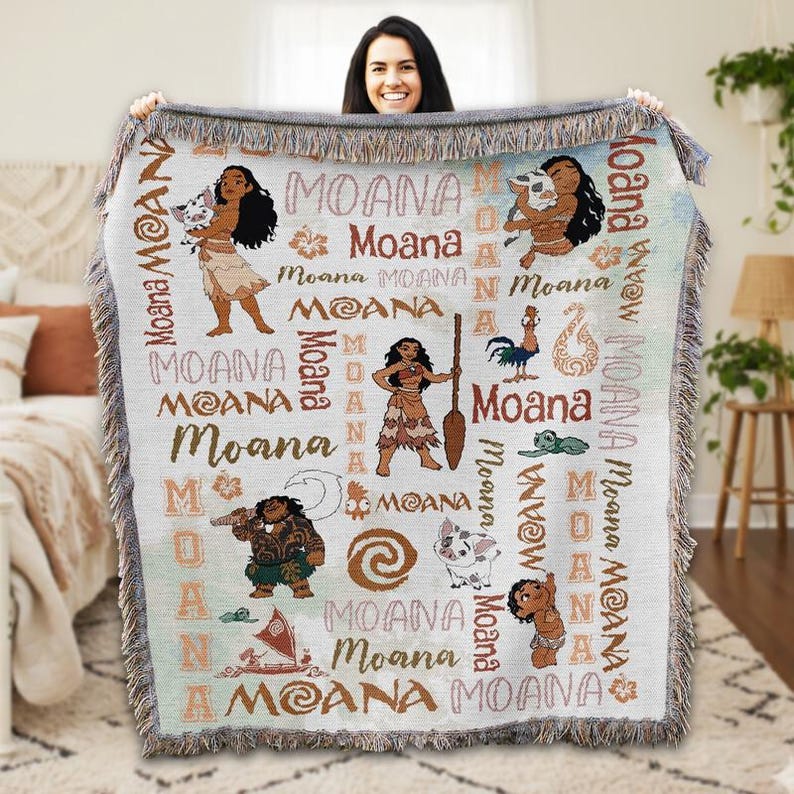 Personalized Watercolor Disneyland Moana Woven Blanket, Baby Girl Princess Moana Birthday Gift, Disneyland Maui Hei Hei Tamatoa Family Decor image 1