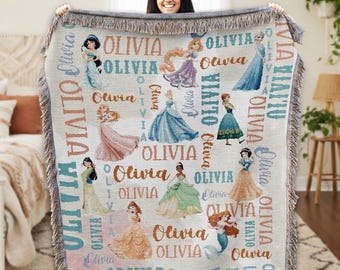 Personalized Disneyland Princess Woven Blanket, Princess Magic Kingdom Throw Blanket For Bed Coach Sofa, Custom Woven Blanket, Gift For Kids