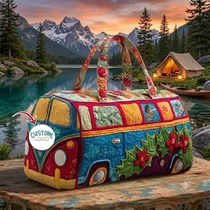 Benutzerdefinierte Hippie Bus Seesack, Retro Van Quilted Weekender, personalisierte Camper Reisetasche, Boho Patchwork Reisetasche, Geschenk für Road Trip