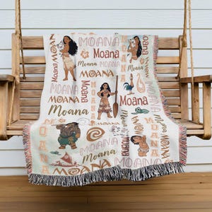 Personalized Watercolor Disneyland Moana Woven Blanket, Baby Girl Princess Moana Birthday Gift, Disneyland Maui Hei Hei Tamatoa Family Decor image 3