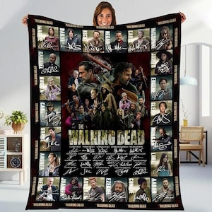 Koc polarowy z motywem The Walking Dead, kolaż z postaciami z horrorów, prezent dla zombie, podpisane zdjęcie obsady, koc na Halloween na kanapę i łóżko