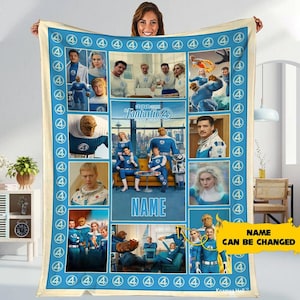 May include: A blue and white blanket featuring a collage of images from the Fantastic Four movie. The blanket has a blue border with the number 4 repeated. The center features the movie title and the word "NAME" in large letters.