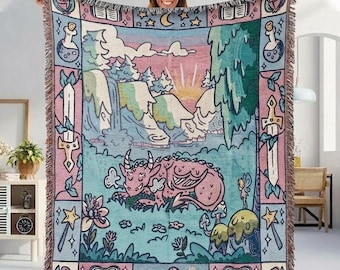 Whimsical Dragon Woven Blanket, Fantasy Reader Throw Blanket, FairyTale Room Decor, Gift For Book Lovers Decor, Blanket For Bed Couch Sofa
