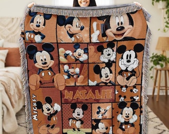 Personalized Mickey Mouse Woven Blanket, Disneyland Mickey Woven Blanket, Mickey Throw Blanket For Bed Couch Sofa, Custom Name Birthday Gift