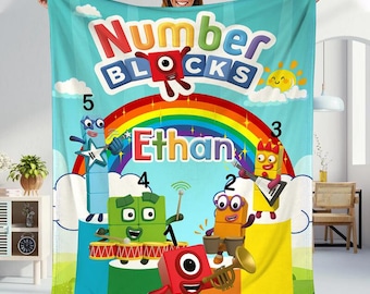 Spersonalizowany koc polarowy Numberblocks, spersonalizowany prezent edukacyjny z blokami z cyframi i imionami, prezent urodzinowy dla maluchów, kolorowa tęczowa dekoracja