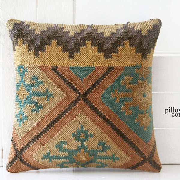 OLD ANTIQUE Decorative pillow Wool Rustic Cushion Kilim Pillow Cover Vıntage Kilim pillow home decor Bohemian cushion throw 16/16