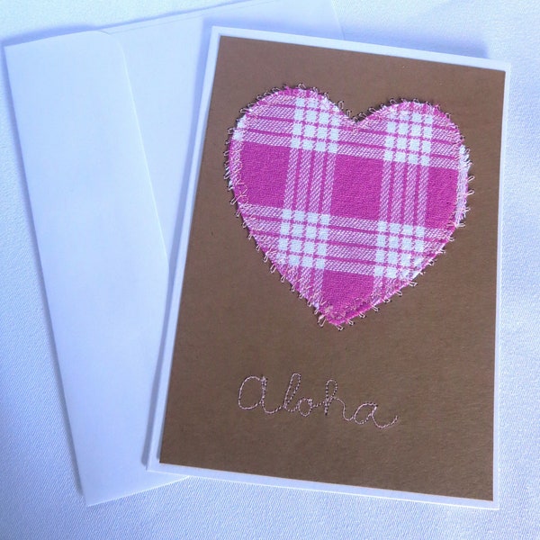 Palaka, Heart Card, Valentine Card, Hawaiian Card,, Aloha, Hand Sewn Card, Fabric Card, Fabric Heart, Palaka Heart, Card, Blank Card