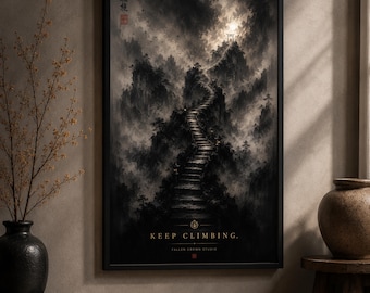 Keep Climbing Wall Art Printable, The Endless Stair Poster, Motivational Office Decor, Dark Academia Print, Japanese Zen Artwork.