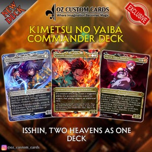May include: A deck of three custom trading cards featuring characters from the anime series Kimetsu no Yaiba. The cards include Giyu Tomioka, Kamado Tanjiro, and Akaza. The deck is labeled "Isshin, Two Heavens as One Deck."