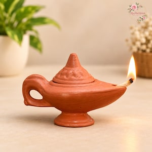 Handmade Aladdin Style Clay Oil Lamp | Rustic Meditation Decor (10cm x 7cm)
