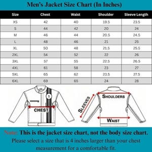 May include: A black and white jacket size chart with measurements in inches. The chart includes sizes XS to 6XL, with chest, waist, shoulder, and sleeve length measurements. Diagrams illustrate chest, waist, and sleeve locations. Text at the bottom advises adding 4 inches to the chest measurement.