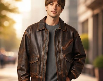 Men's Brown 1980s Oversized Leather Jacket, Heavy-Duty Baggy Style Jacket, Distressed Vintage Pilot Coat