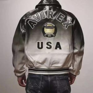 Men's Black & gray Gradient Avirex leather Jacket, Motorcycle USA Iconic Bomber Coat, American Outerwear image 3