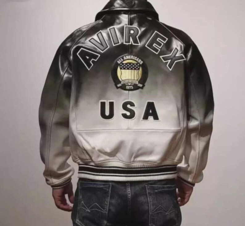 Men's Black & gray Gradient Avirex leather Jacket, Motorcycle USA Iconic Bomber Coat, American Outerwear image 3