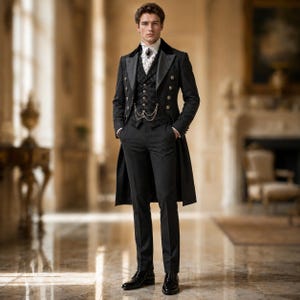 May include: A black tailcoat suit featuring a double-breasted jacket with silver buttons, a patterned black waistcoat with a silver pocket watch chain, a white ruffled shirt with a dark brooch, black trousers, and polished black leather dress shoes.