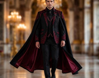 Men's Black & Red Gothic Wedding suit with Cape, Handmade Victorian-Aristocrat Tailcoat, Formal-Regency Cosplay Costume