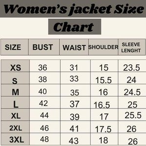 Puede incluir: Una tabla de tallas de chaquetas para mujer, con medidas en pulgadas. La tabla incluye tallas XS a 3XL, que enumeran las medidas de busto, cintura, hombro y largo de manga para cada talla. El texto "Women's jacket Size Chart" est&aacute; en la parte superior.