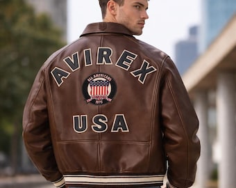Handmade Brown Avirex Leather Jacket, American Flight USA Vintage Bomber Jacket, Classic Retro Coat