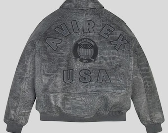Handmade Gray Crocodile Embossed  Avirex Leather Jacket, Vintage USA American Flight Bomber Coat,