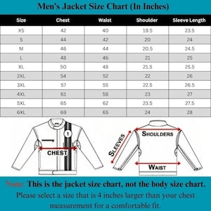 May include: A black and white jacket size chart with measurements in inches. The chart includes sizes XS to 6XL, detailing chest, waist, shoulder, and sleeve length. Diagrams illustrate where to measure. Text at the bottom advises selecting a size 4 inches larger for comfort.