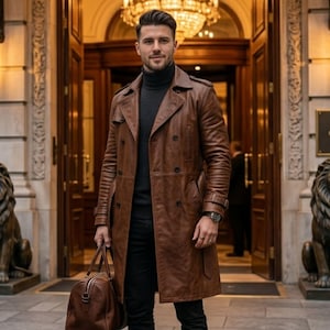 May include: A brown leather trench coat with a double-breasted design. The coat features a belt, a collar, and a long length. The person is holding a brown leather duffel bag. The background includes a building with large wooden doors and a chandelier.