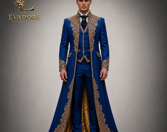 Royal-Blue Men's Gothic Wedding Suit With Gold Embroidery, Victorian-Brocade Vampire-Prince Coat, Luxury Aristocrat-Groom Outfit
