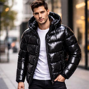 Chaqueta acolchada de cuero negra para hombre, abrigo acolchado con capucha hecho a mano, regalo para él.