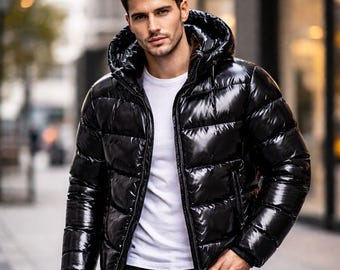 Men's Black Puffer Leather Jacket, Handmade Hood Quilted Puffer Coat, Gift for him