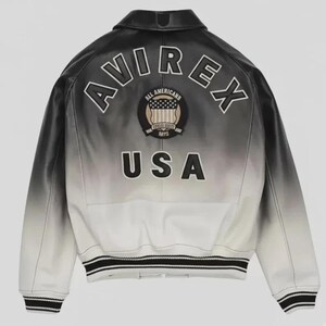 May include: Black and white leather jacket with the word "AVIREX" across the shoulders and "USA" at the bottom. The jacket has a patch with the words "ALL AMERICANS" and a design of the American flag. The jacket has a black and white striped trim.