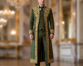 Olivgrüner gotischer Hochzeitsanzug für Herren, luxuriöses viktorianisches Aristokraten-Bräutigam-Outfit, formeller Smoking-Brokat-Steampunk-Anzug