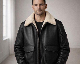 Men's Black Shearling Leather Jacket, Handmade RAF Aviator Vintage Jacket, Sheepskin B3 Winter  Coat