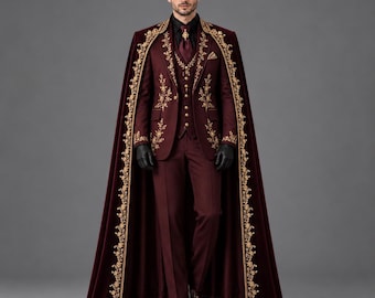 Men's Burgundy Victorian Wedding Cape Suit, Handmade Vintage Gothic-Groom Steampunk Outfit,  Royal-Embroidered Medieval-Formal Wear