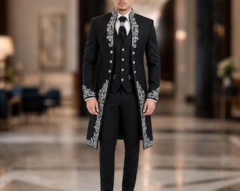 Royal Black Gothic Victorian Wedding Suit For Men's, Luxury Silver-Embroidered Aristocrat-Groom Outfit, Tuxedo-Steampunk Suit