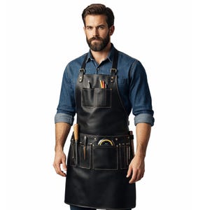 Könnte beinhalten: Schwarze Lederschürze mit mehreren Taschen und Werkzeughaltern. Die Schürze hat einen Latz-Stil-Oberteil mit verstellbaren Trägern und einem Taillengürtel. Die Taschen enthalten verschiedene Werkzeuge, darunter Bleistifte, ein Messer und ein Maßband. Die Schürze ist für die Holzbearbeitung oder andere handwerkliche Tätigkeiten konzipiert.