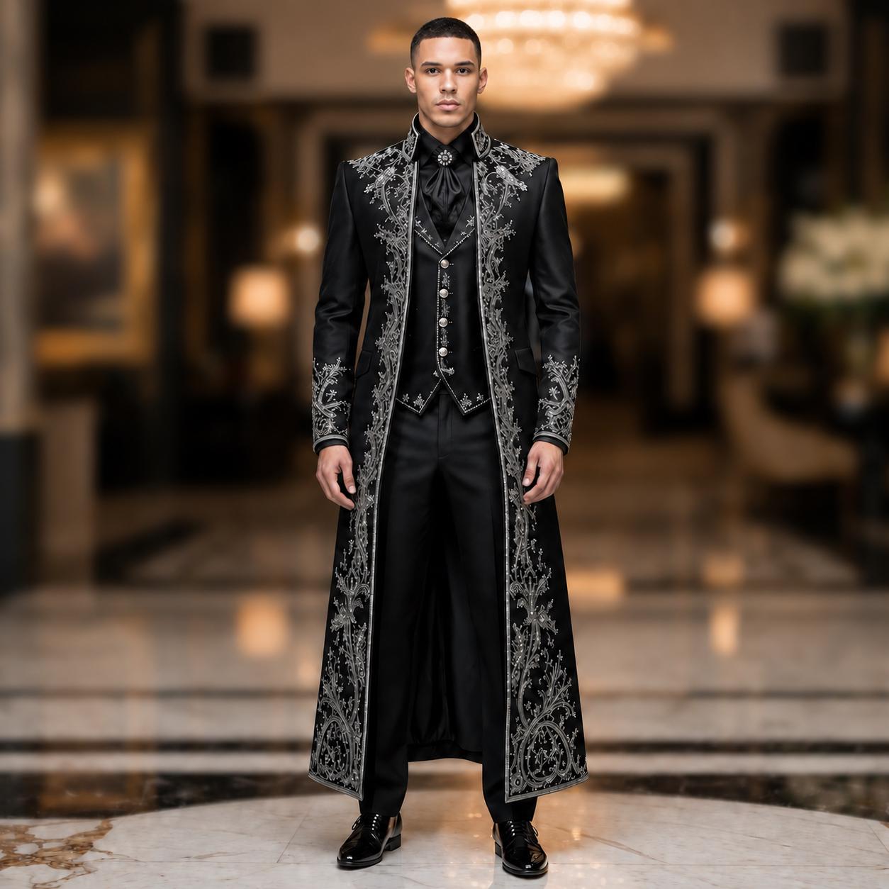 Men's Black Gothic Wedding Suit, Luxury Victorian Brocade Aristocrat…