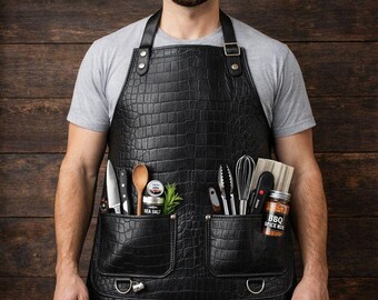 Men's Cooking Leather apron, Heavy-duty Black Crocodile Working apron, Unisex BBQ Chef, Barber  Outfit