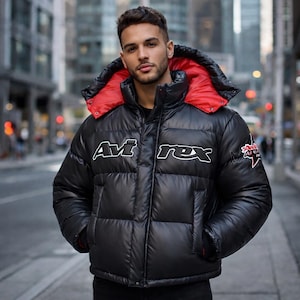 Men's Black Avirex Puffer Bomber Jacket, Handmade Hooded Vintage Winter Coat, Gift For Him