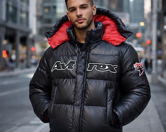Men's Black Avirex Puffer Bomber Jacket, Handmade Hooded Vintage Winter Coat, Gift For Him
