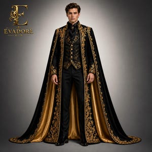 May include: A black floor-length cape with gold embroidery, worn over a black vest with gold patterns and gold buttons, a black shirt, and black trousers. The cape features a gold lining. The text EVADORE HUB is visible in the top left corner.