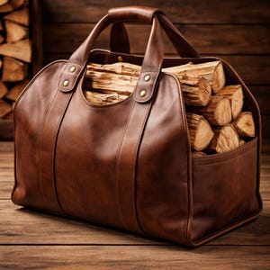 May include: A brown leather log carrier filled with firewood. The carrier has a handle and is secured with brass rivets. The logs are stacked neatly inside the carrier, ready for use. The carrier is sitting on a wooden surface.